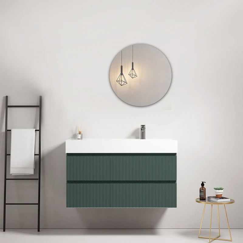 Mobile bagno sospeso cannettato 100 cm Verde Comodoro Lavabo a Destra in Resina Specchio Tondo - Fiji Paint