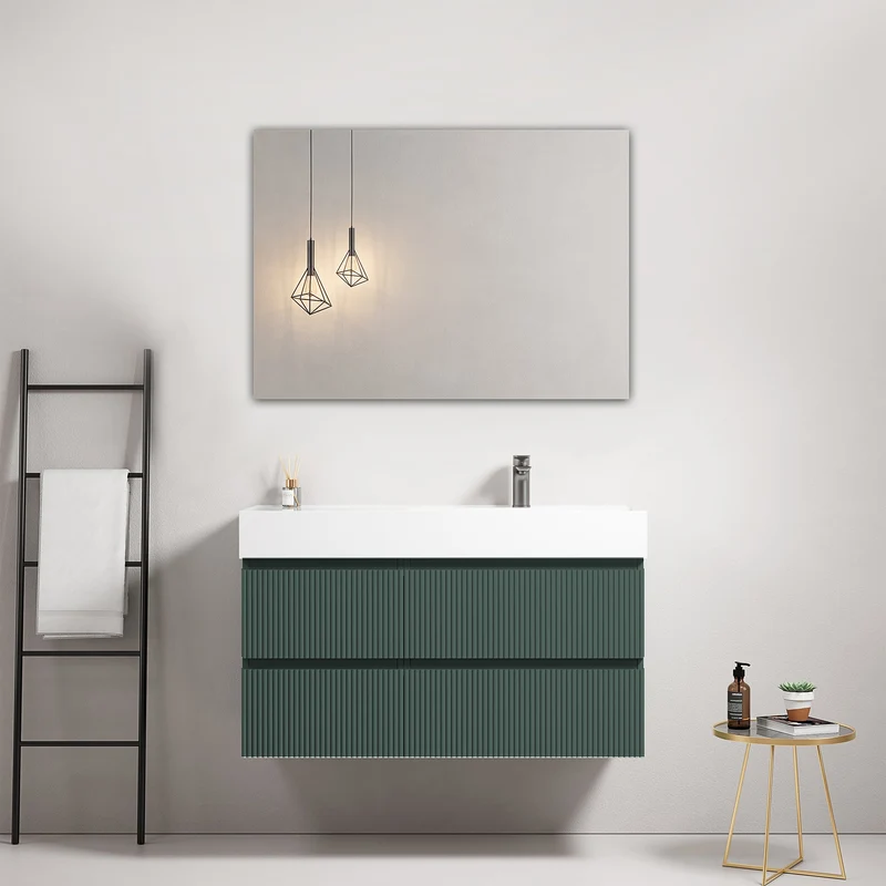 Mobile bagno sospeso cannettato 100 cm Verde Comodoro Lavabo a Destra in Resina Specchio Quadro - Fiji Paint