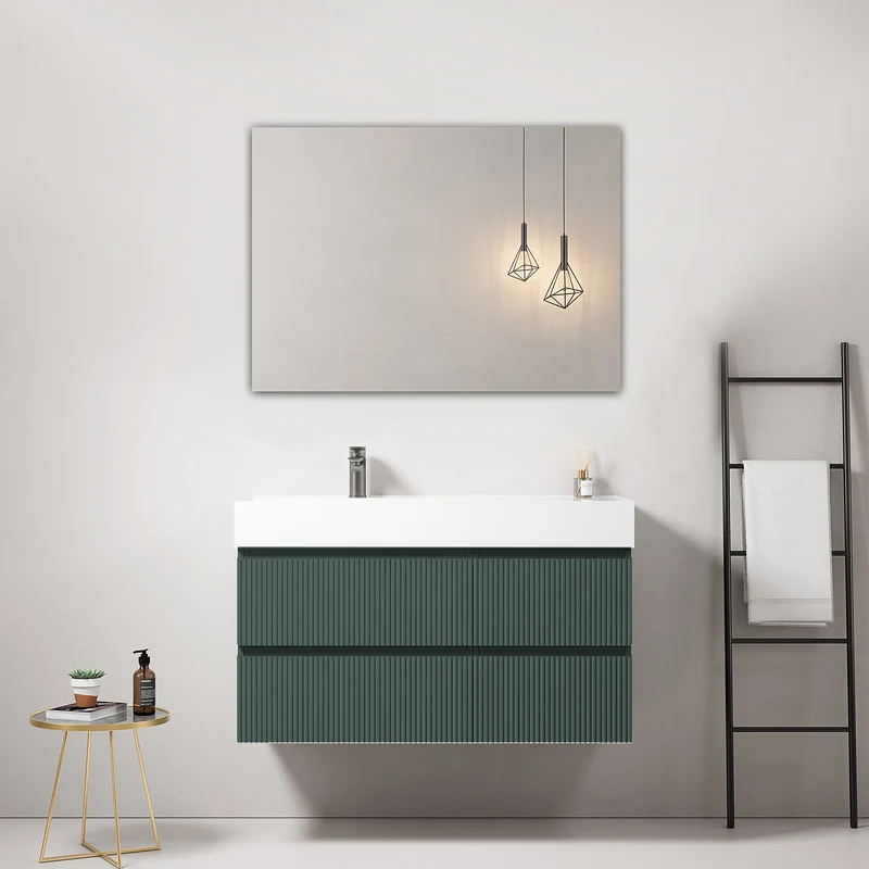 Mobile bagno sospeso cannettato 100 cm Verde Comodoro Lavabo a Sinistra in Resina Specchio Quadro - Fiji Paint