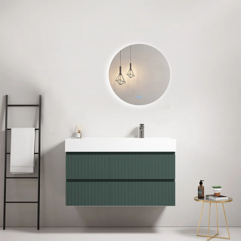 Mobile bagno sospeso cannettato 100 cm Verde Comodoro Lavabo a Destra in Resina Specchio Tondo Retroilluminato - Fiji Paint