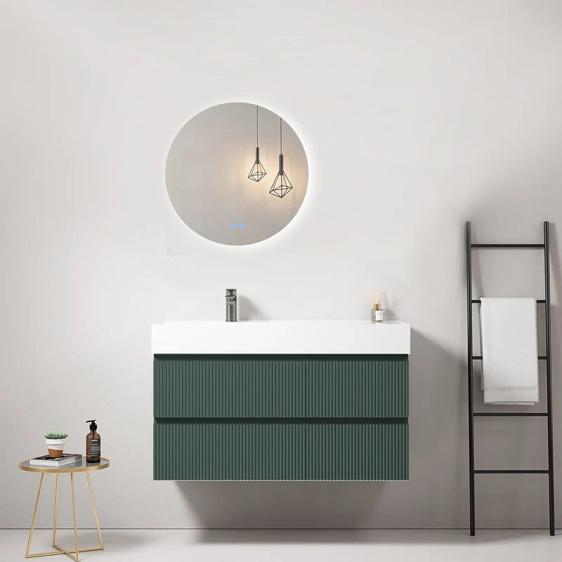 Mobile bagno sospeso cannettato 100 cm Verde Comodoro Lavabo a Sinistra in Resina Specchio Tondo Retroilluminato - Fiji Paint