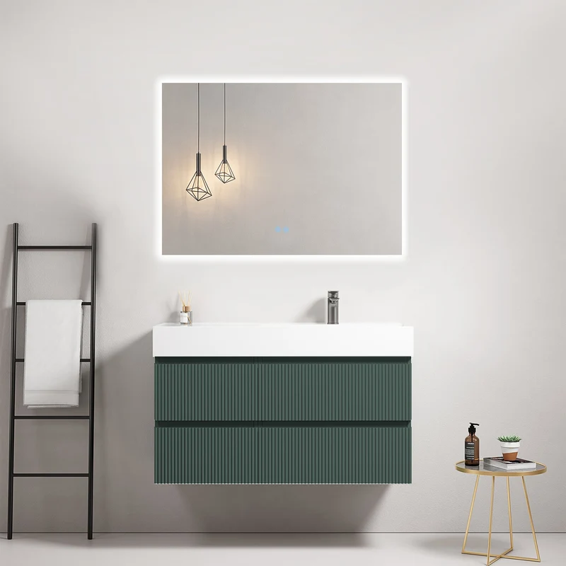 Mobile bagno sospeso cannettato 100 cm Verde Comodoro Lavabo a Destra in Resina Specchio Quadro Retroilluminato - Fiji Paint