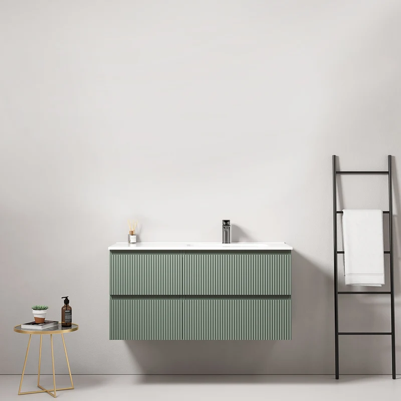 Mobile bagno sospeso cannettato 100 cm Verde Salvia Lavabo a Destra in Ceramica Senza Specchio - Fiji Paint