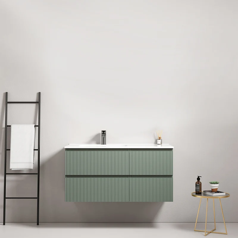 Mobile bagno sospeso cannettato 100 cm Verde Salvia Lavabo a Sinistra in Ceramica Senza Specchio - Fiji Paint