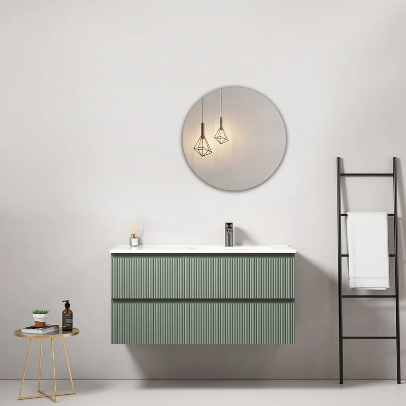 Mobile bagno sospeso cannettato 100 cm Verde Salvia Lavabo a Destra in Ceramica Specchio Tondo - Fiji Paint