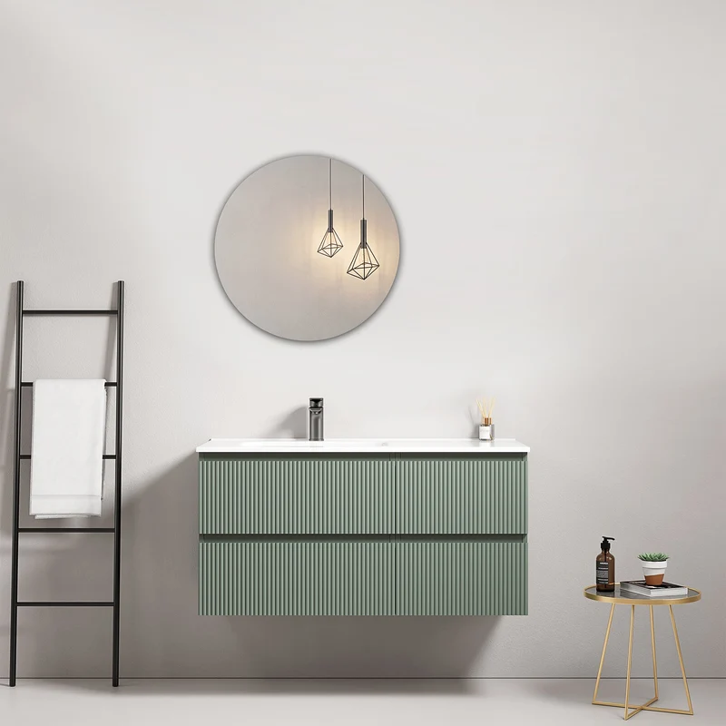 Mobile bagno sospeso cannettato 100 cm Verde Salvia Lavabo a Sinistra in Ceramica Specchio Tondo - Fiji Paint