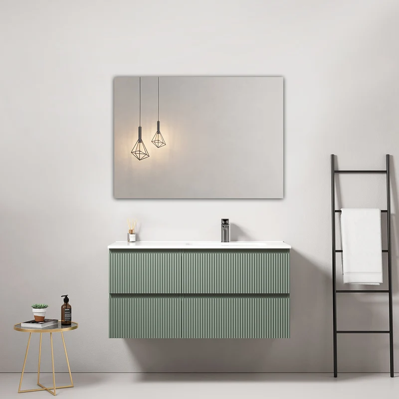 Mobile bagno sospeso cannettato 100 cm Verde Salvia Lavabo a Destra in Ceramica Specchio Quadro - Fiji Paint