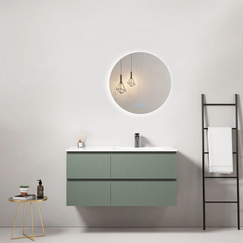 Mobile bagno sospeso cannettato 100 cm Verde Salvia Lavabo a Destra in Ceramica Specchio Tondo Retroilluminato - Fiji Paint