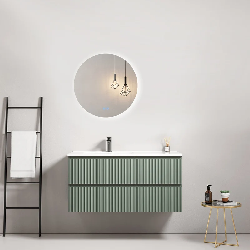 Mobile bagno sospeso cannettato 100 cm Verde Salvia Lavabo a Sinistra in Ceramica Specchio Tondo Retroilluminato - Fiji Paint