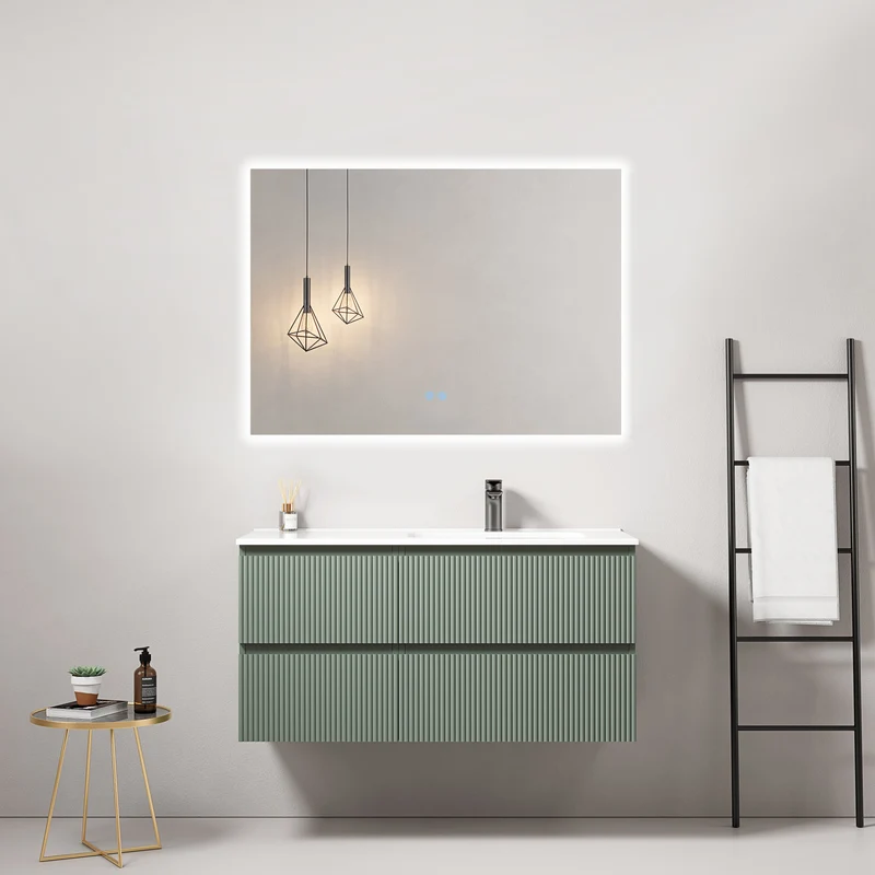 Mobile bagno sospeso cannettato 100 cm Verde Salvia Lavabo a Destra in Ceramica Specchio Quadro Retroilluminato - Fiji Paint