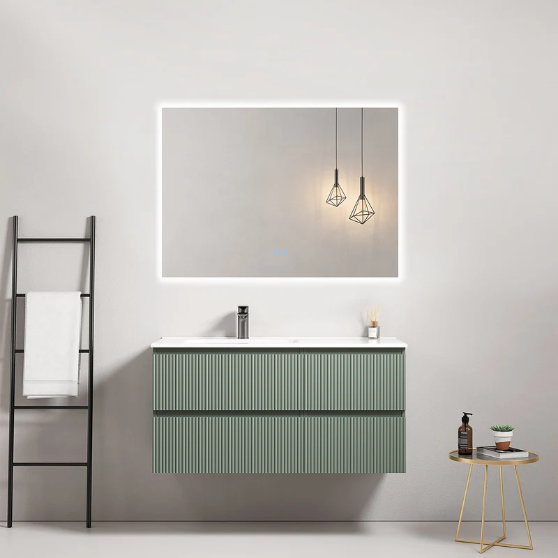 Mobile bagno sospeso cannettato 100 cm Verde Salvia Lavabo a Sinistra in Ceramica Specchio Quadro Retroilluminato - Fiji Paint