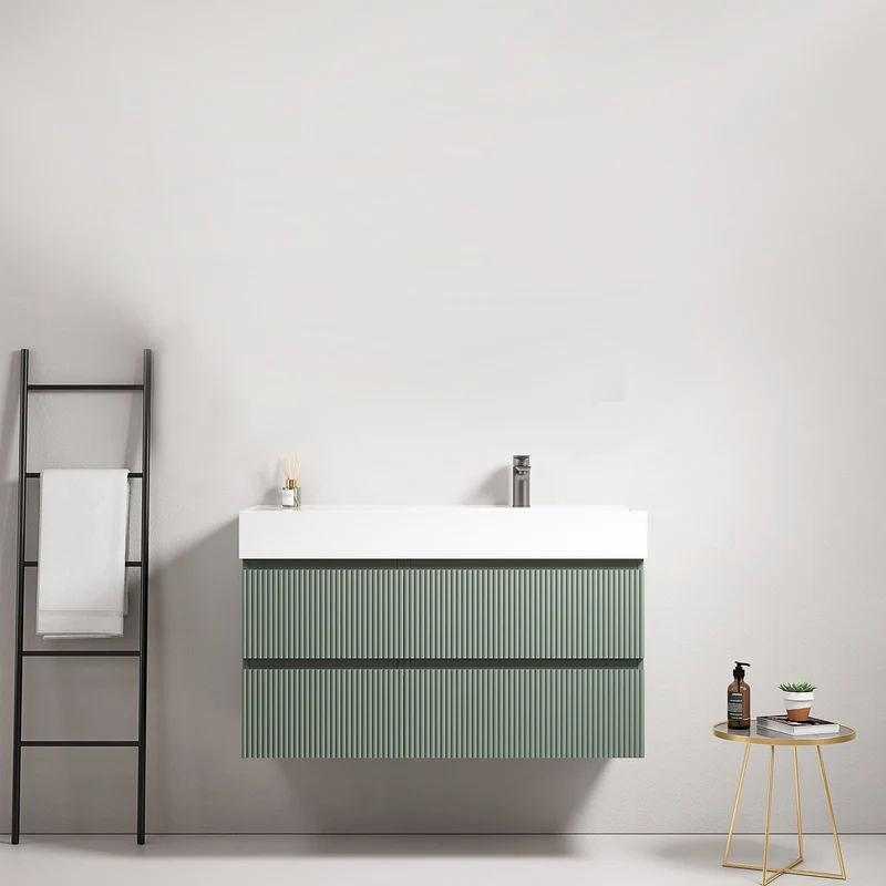 Mobile bagno sospeso cannettato 100 cm Verde Salvia Lavabo a Destra in Resina Senza Specchio - Fiji Paint