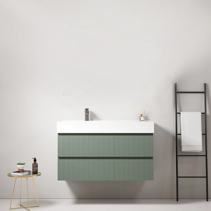Mobile bagno sospeso cannettato 100 cm Verde Salvia Lavabo a Sinistra in Resina Senza Specchio - Fiji Paint