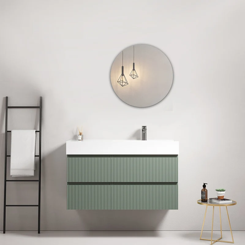Mobile bagno sospeso cannettato 100 cm Verde Salvia Lavabo a Destra in Resina Specchio Tondo - Fiji Paint
