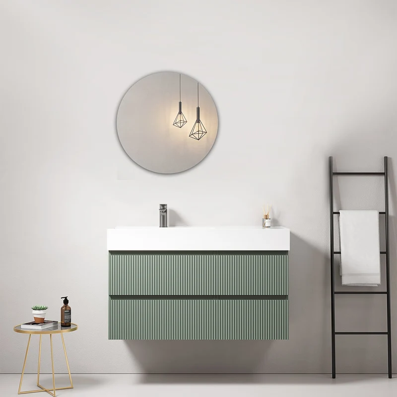 Mobile bagno sospeso cannettato 100 cm Verde Salvia Lavabo a Sinistra in Resina Specchio Tondo - Fiji Paint