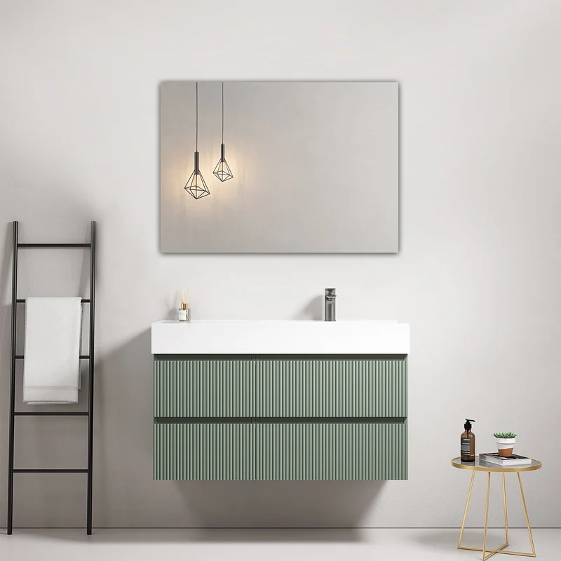 Mobile bagno sospeso cannettato 100 cm Verde Salvia Lavabo a Destra in Resina Specchio Quadro - Fiji Paint