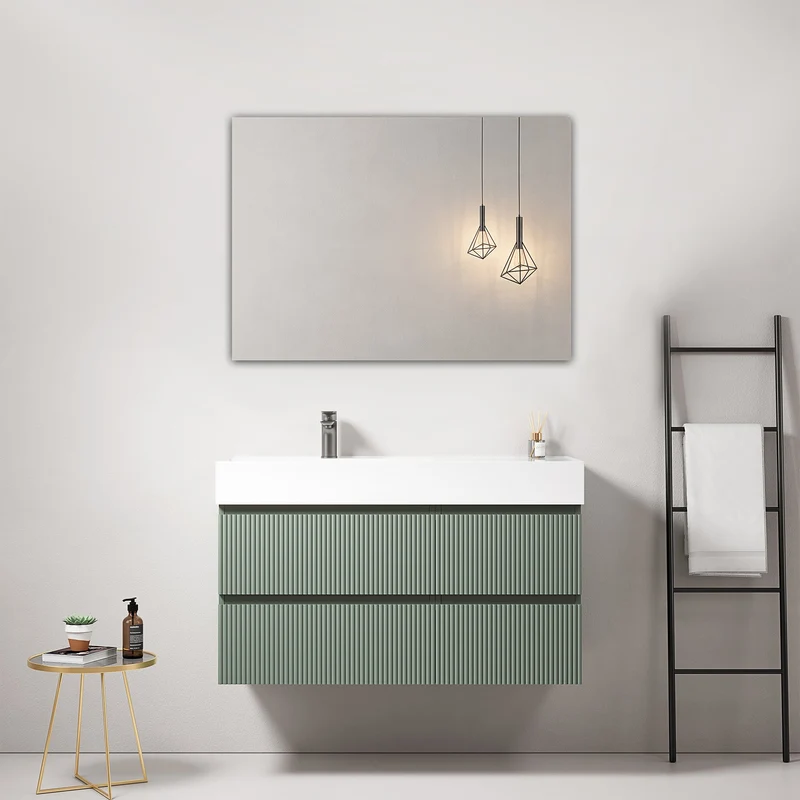 Mobile bagno sospeso cannettato 100 cm Verde Salvia Lavabo a Sinistra in Resina Specchio Quadro - Fiji Paint