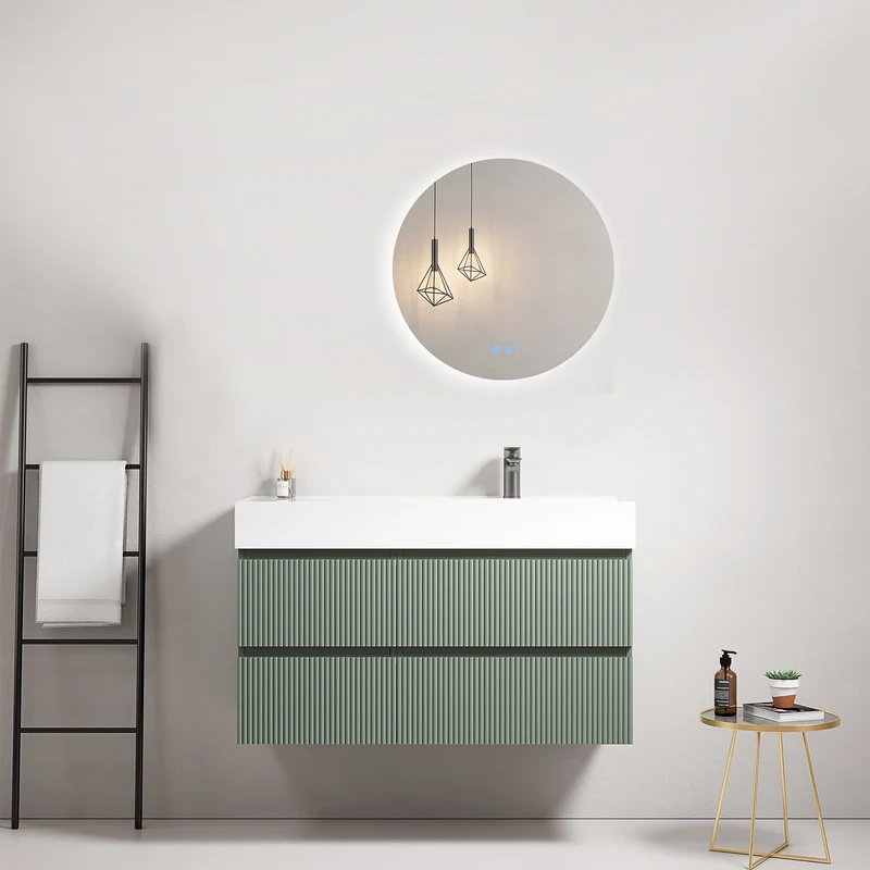 Mobile bagno sospeso cannettato 100 cm Verde Salvia Lavabo a Destra in Resina Specchio Tondo Retroilluminato - Fiji Paint