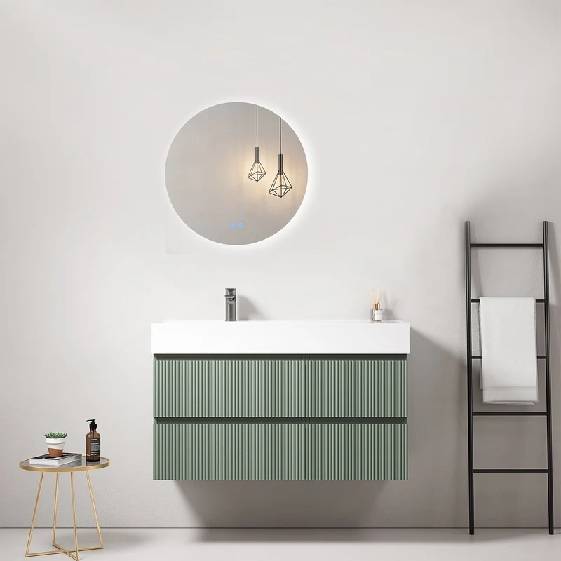 Mobile bagno sospeso cannettato 100 cm Verde Salvia Lavabo a Sinistra in Resina Specchio Tondo Retroilluminato - Fiji Paint
