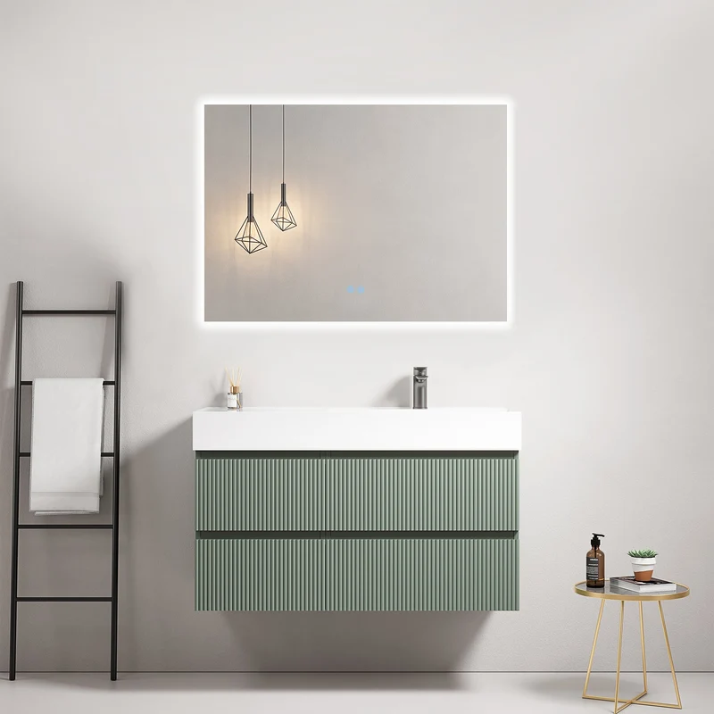 Mobile bagno sospeso cannettato 100 cm Verde Salvia Lavabo a Destra in Resina Specchio Quadro Retroilluminato - Fiji Paint