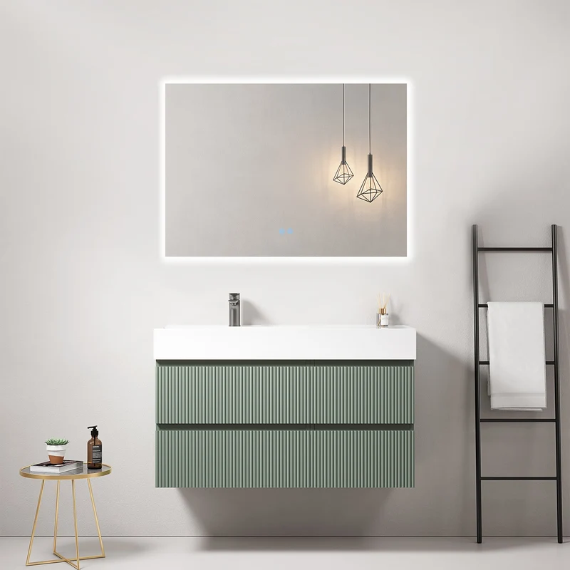 Mobile bagno sospeso cannettato 100 cm Verde Salvia Lavabo a Sinistra in Resina Specchio Quadro Retroilluminato - Fiji Paint