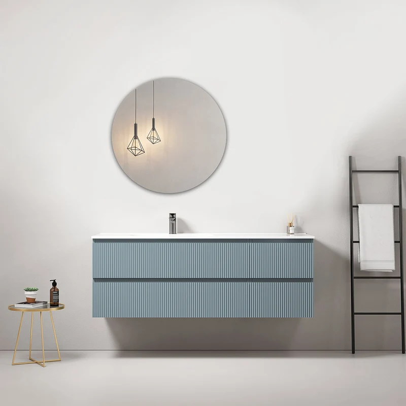 Mobile bagno sospeso cannettato 140 cm Blu Avio Lavabo a Sinistra in Resina Specchio Tondo - Fiji Paint