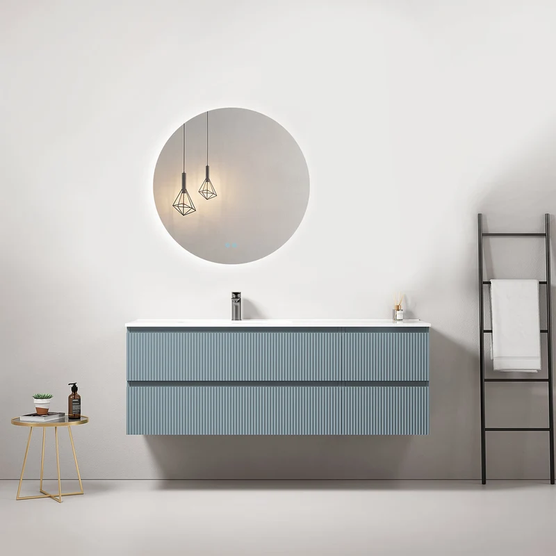Mobile bagno sospeso cannettato 140 cm Blu Avio Lavabo a Sinistra in Resina Specchio Tondo Retroilluminato - Fiji Paint