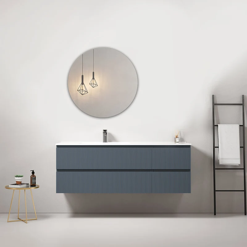 Mobile bagno sospeso cannettato 140 cm Blu Mare Lavabo a Sinistra in Resina Specchio Tondo - Fiji Paint