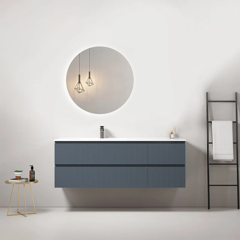 Mobile bagno sospeso cannettato 140 cm Blu Mare Lavabo a Sinistra in Resina Specchio Tondo Retroilluminato - Fiji Paint