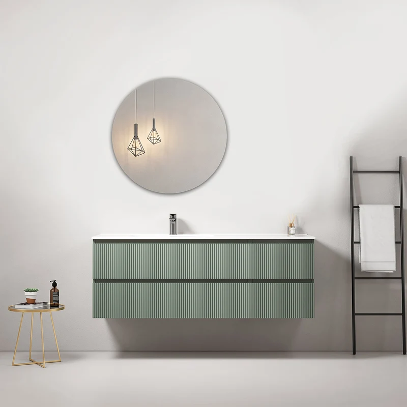 Mobile bagno sospeso cannettato 140 cm Verde Salvia Lavabo a Sinistra in Resina Specchio Tondo - Fiji Paint