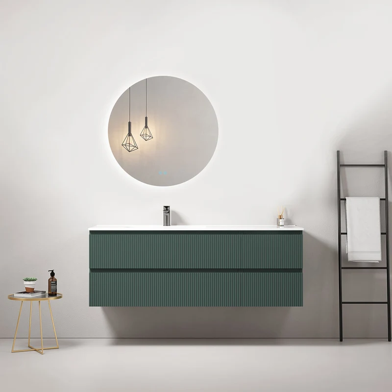 Mobile bagno sospeso cannettato 140 cm Verde Comodoro Lavabo a Sinistra in Resina Specchio Tondo Retroilluminato - Fiji Paint
