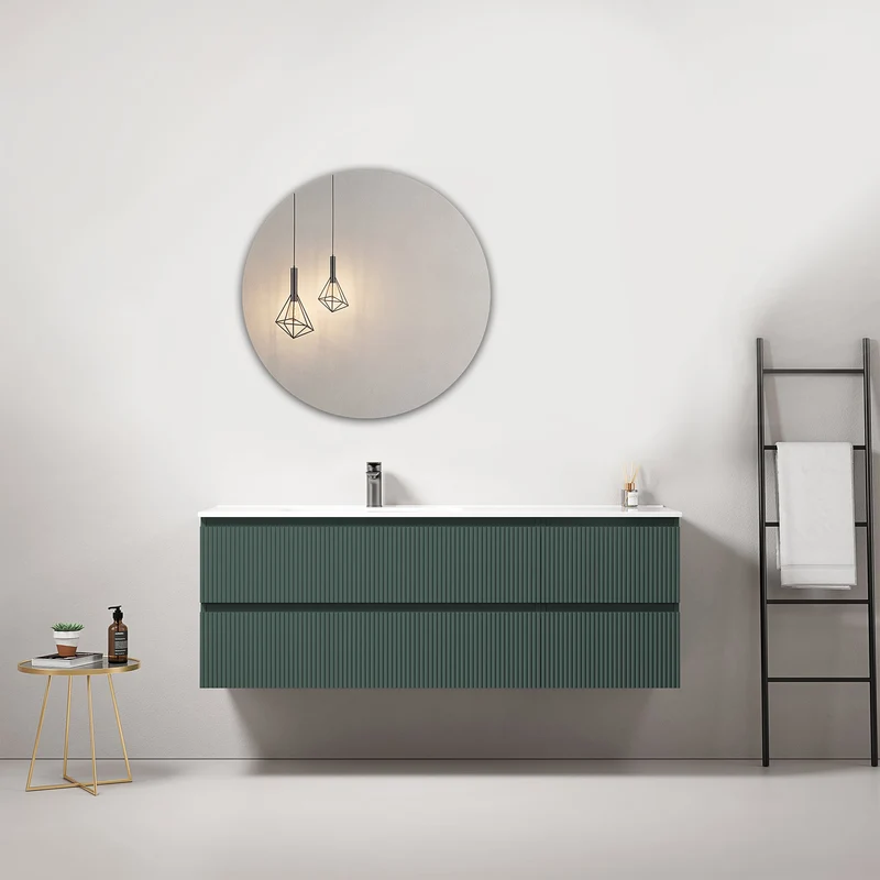 Mobile bagno sospeso cannettato 140 cm Verde Comodoro Lavabo a Sinistra in Resina Specchio Tondo - Fiji Paint