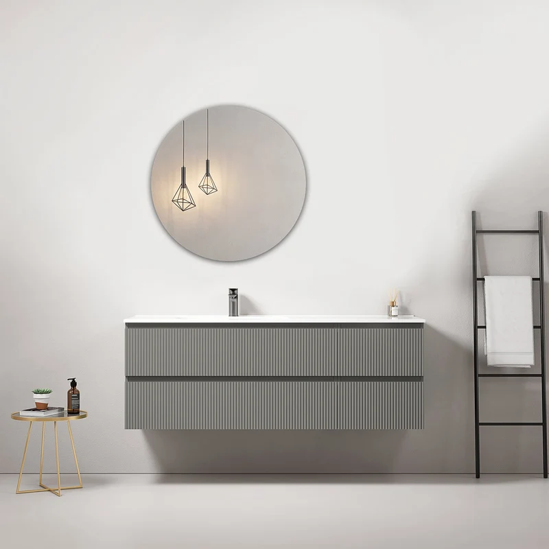 Mobile bagno sospeso cannettato 140 cm Grigio Londra Lavabo a Sinistra in Resina Specchio Tondo - Fiji Paint