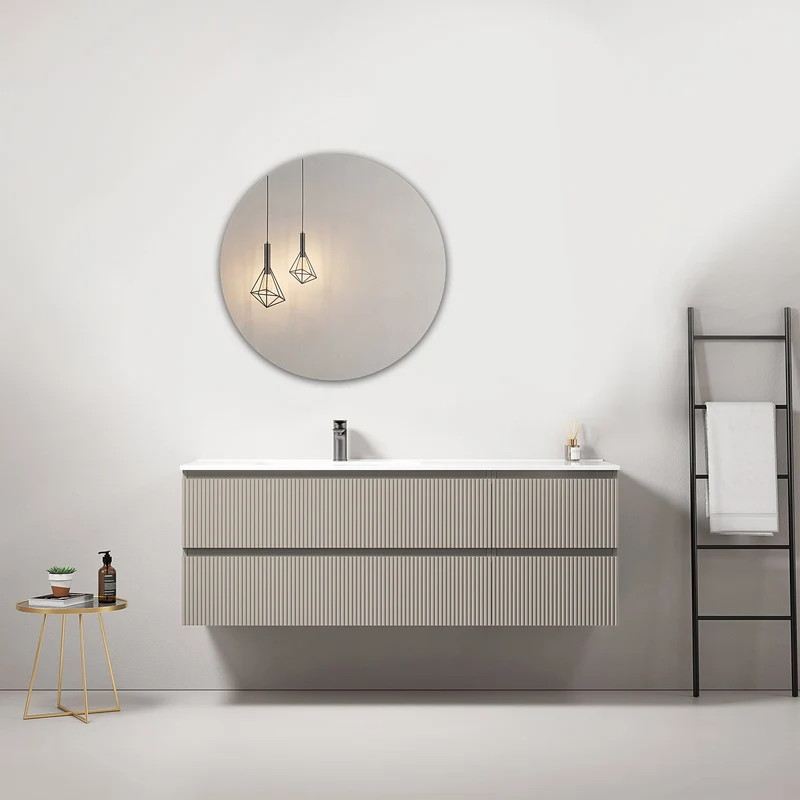 Mobile bagno sospeso cannettato 140 cm Grigio Cenere Lavabo a Sinistra in Resina Specchio Tondo - Fiji Paint
