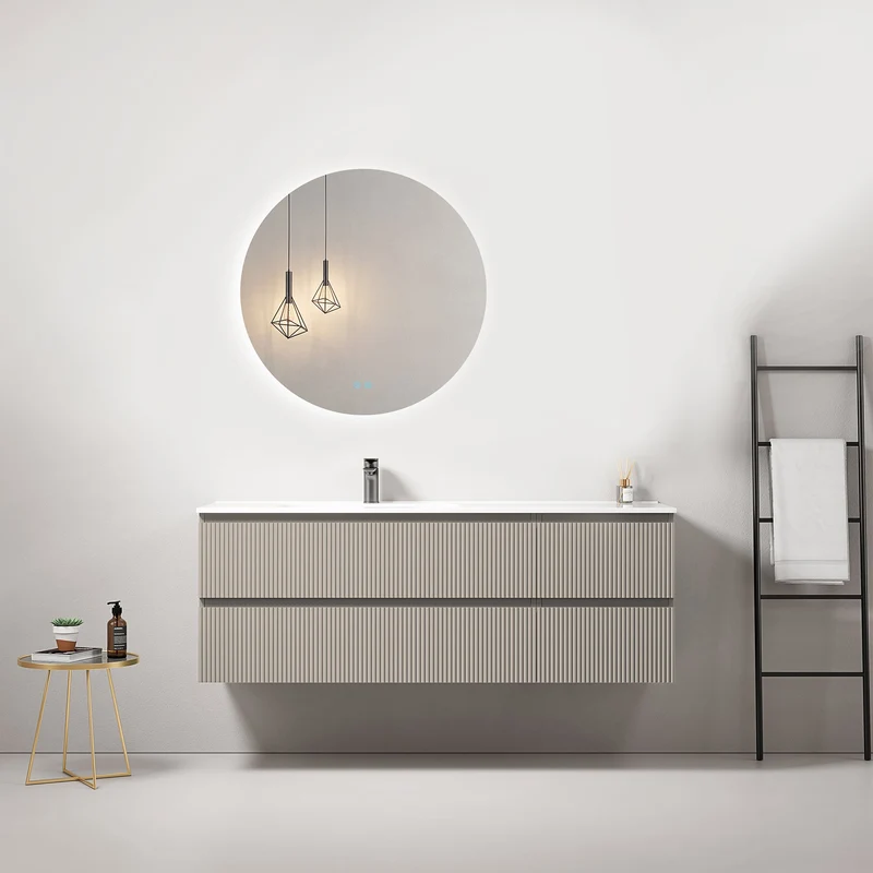 Mobile bagno sospeso cannettato 140 cm Grigio Cenere Lavabo a Sinistra in Resina Specchio Tondo Retroilluminato - Fiji Paint