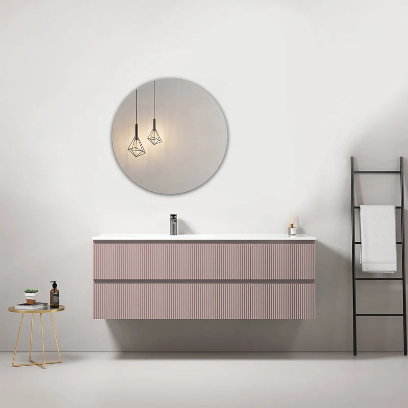 Mobile bagno sospeso cannettato 140 cm Rosa Retro Lavabo a Sinistra in Resina Specchio Tondo - Fiji Paint