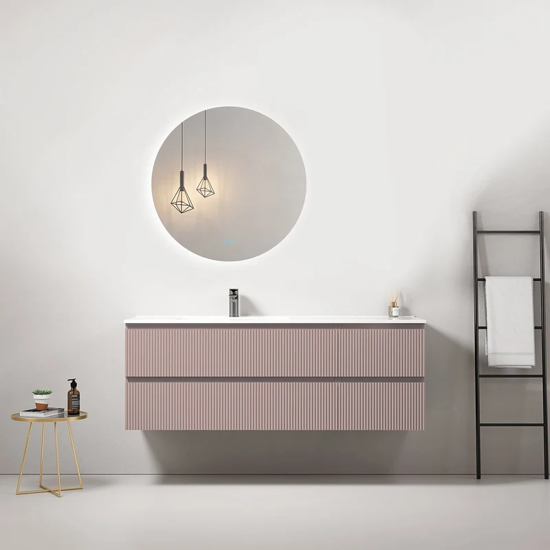 Mobile bagno sospeso cannettato 140 cm Rosa Retro Lavabo a Sinistra in Resina Specchio Tondo Retroilluminato - Fiji Paint