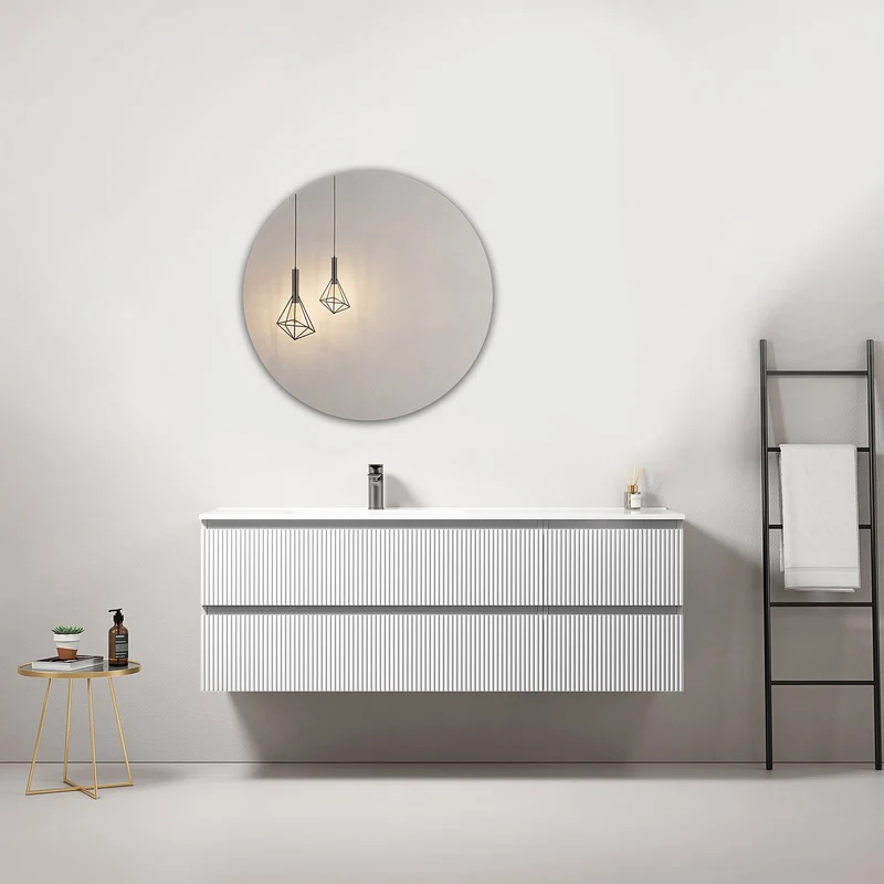 Mobile bagno sospeso cannettato 140 cm Bianco Lavabo a Sinistra in Resina Specchio Tondo - Fiji Paint