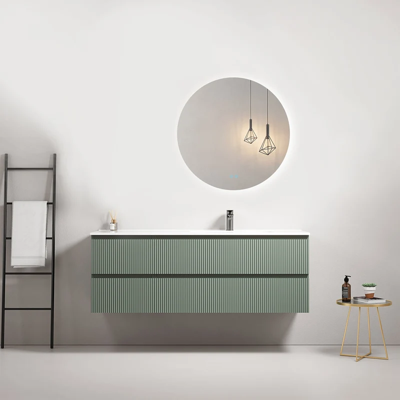 Mobile bagno sospeso cannettato 140 cm Verde Salvia Lavabo a Destra in Resina Specchio Tondo Retroilluminato - Fiji Paint