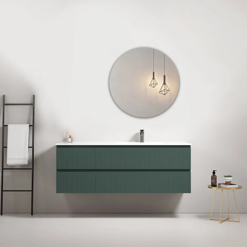 Mobile bagno sospeso cannettato 140 cm Verde Comodoro Lavabo a Destra in Resina Specchio Tondo - Fiji Paint