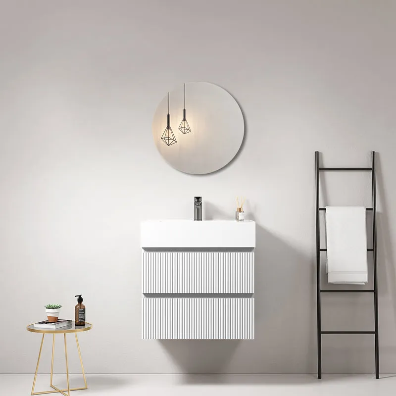 Mobile bagno sospeso cannettato 60 cm Bianco Lavabo in Resina Specchio Tondo - Fiji Paint