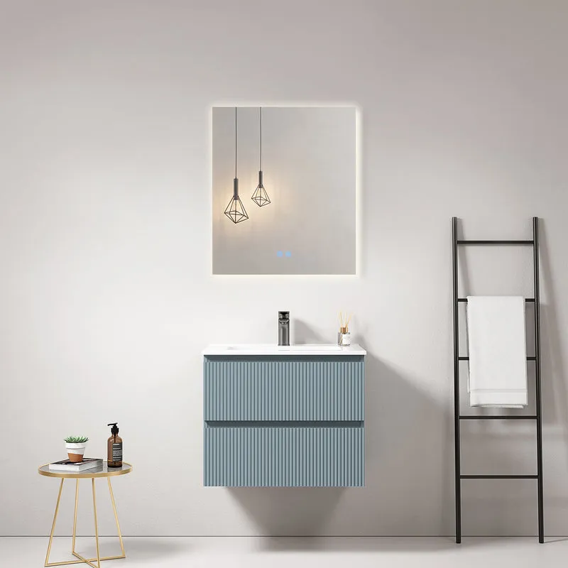 Mobile bagno sospeso cannettato 60 cm Blu Avio Lavabo in Ceramica Specchio Quadro Retroilluminato - Fiji Paint