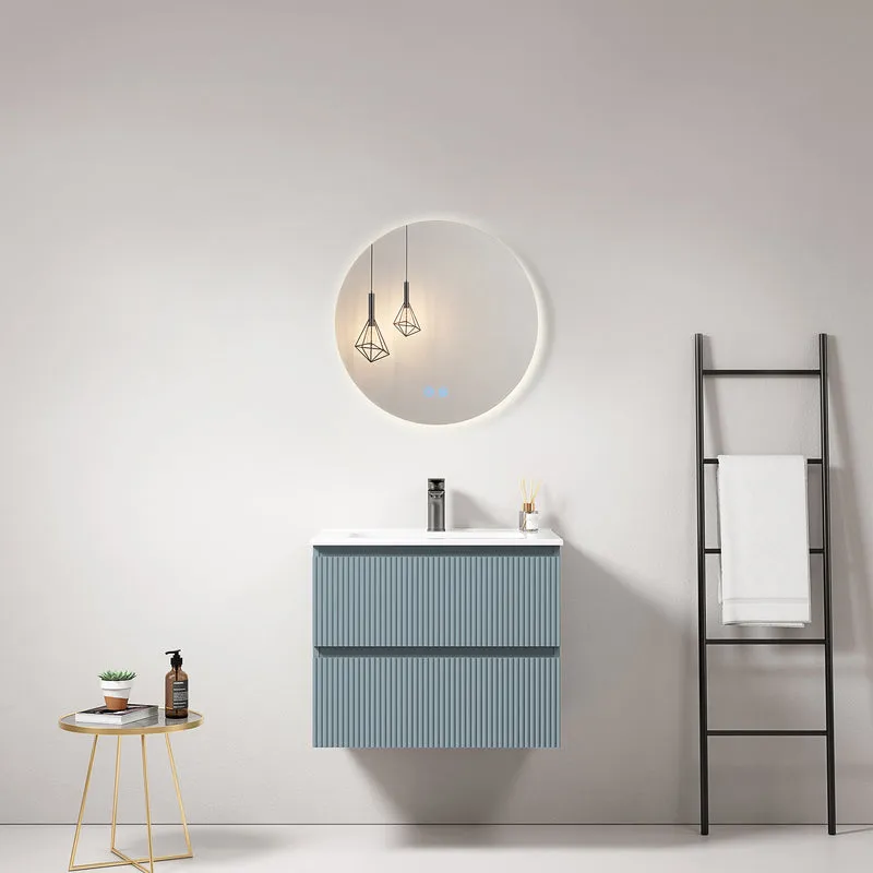 Mobile bagno sospeso cannettato 60 cm Blu Avio Lavabo in Ceramica Specchio Tondo Retroilluminato - Fiji Paint