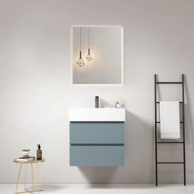 Mobile bagno sospeso cannettato 60 cm Blu Avio Lavabo in Resina Specchio Quadro Retroilluminato - Fiji Paint
