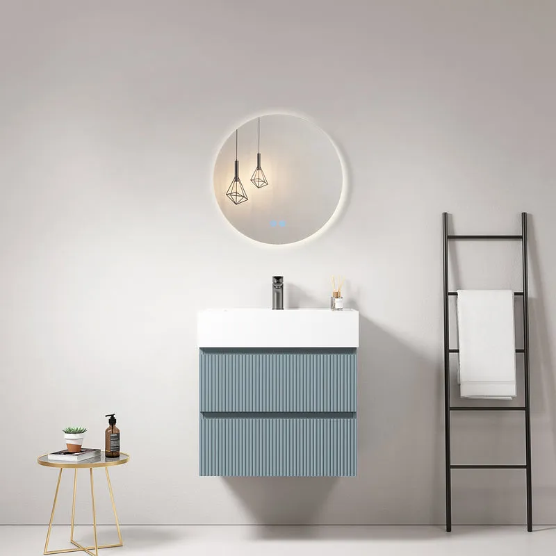 Mobile bagno sospeso cannettato 60 cm Blu Avio Lavabo in Resina Specchio Tondo Retroilluminato - Fiji Paint