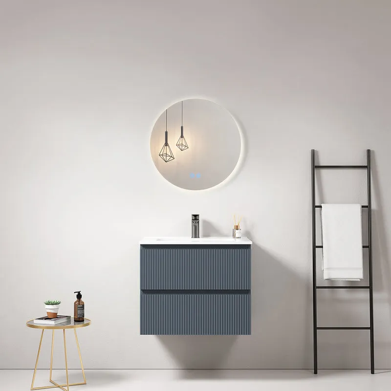 Mobile bagno sospeso cannettato 60 cm Blu Mare Lavabo in Ceramica Specchio Tondo Retroilluminato - Fiji Paint