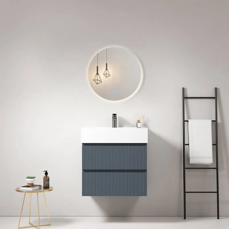 Mobile bagno sospeso cannettato 60 cm Blu Mare Lavabo in Resina Specchio Tondo Retroilluminato - Fiji Paint