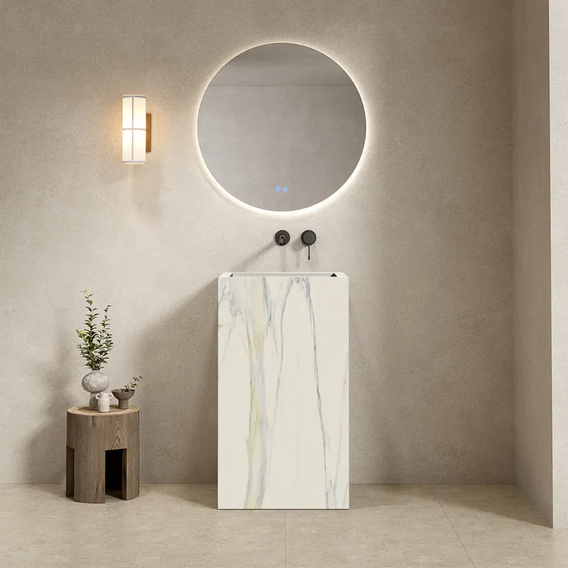 Lavabo Freestanding in Gres Lucido Calacatta 60 cm Specchio Tondo Retroilluminato - Pedestal