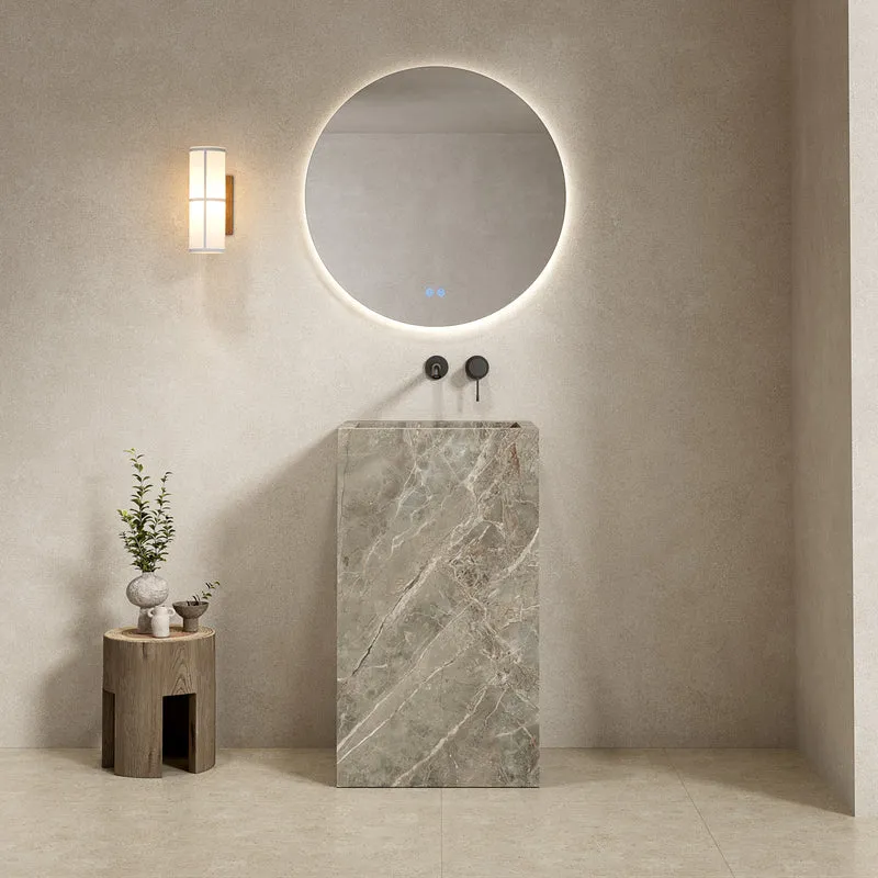 Lavabo Freestanding in Gres Opaco Etoile Grigio 60 cm Specchio Tondo Retroilluminato - Pedestal