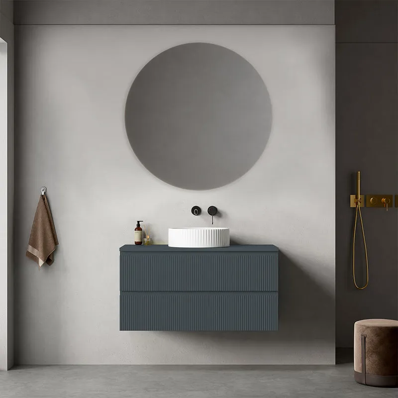 Mobile bagno sospeso cannettato 100 cm Blu Mare per Lavabo d'appoggio Specchio Tondo - Fiji Paint Top Canneté